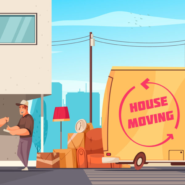 Moving into new apartment family and truck driver signing consignment note outdoor near packed belongings cartoon vector illustration
